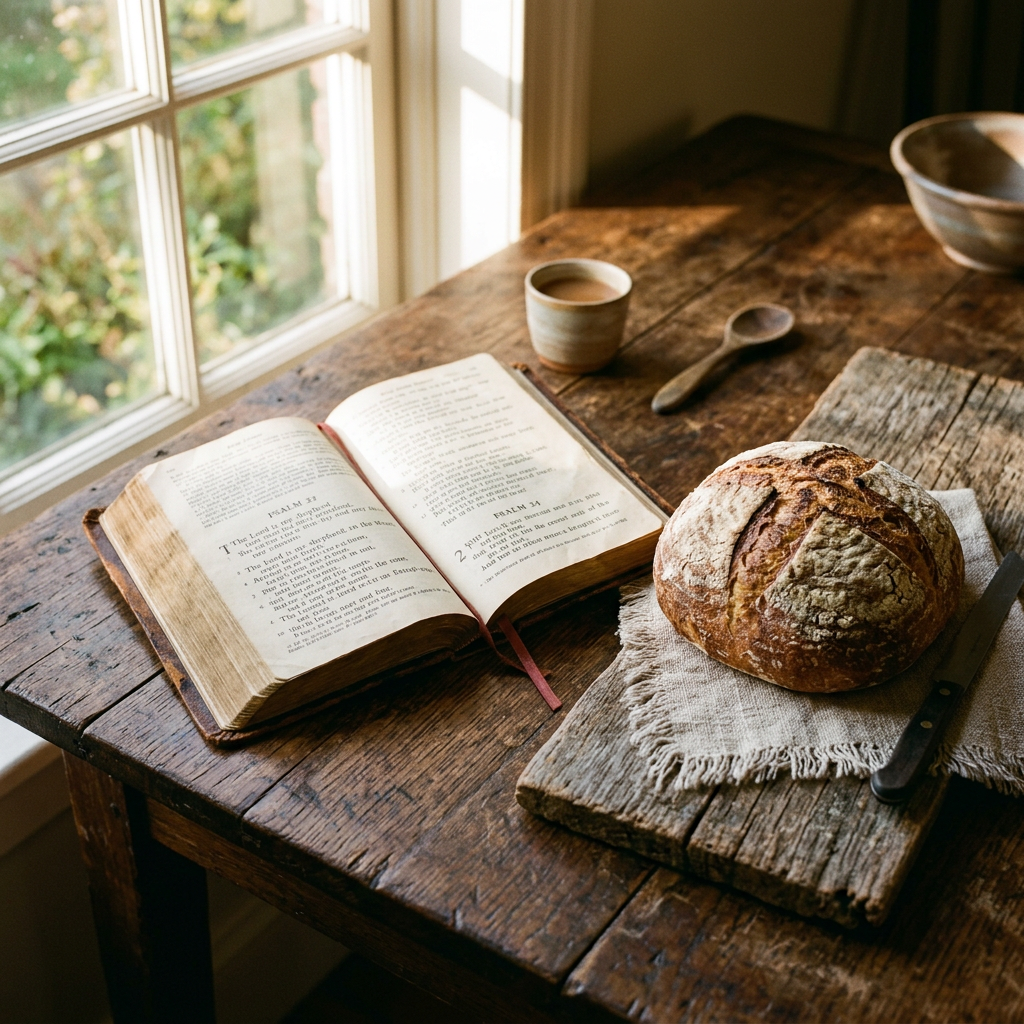 Loaf of bread on cloth beside open book and cup of tea on wooden table by window