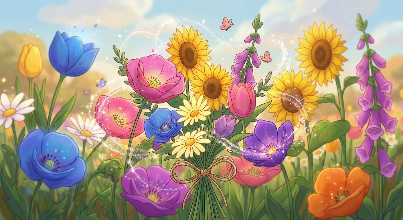 Various colorful wildflowers including daisies, tulips, sunflowers, and poppies in a bright meadow under a blue sky