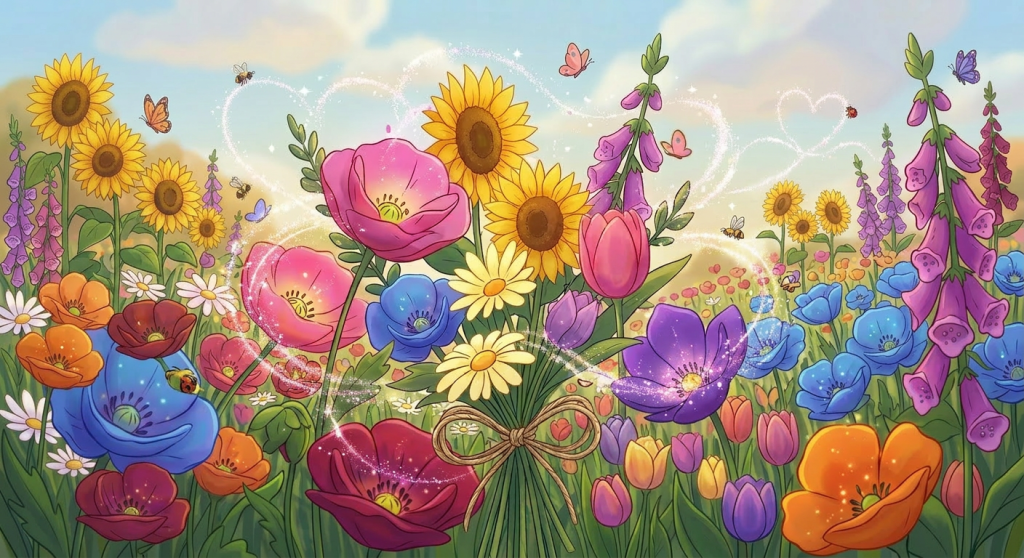 Field of colorful flowers with sparkling magical light and flying insects