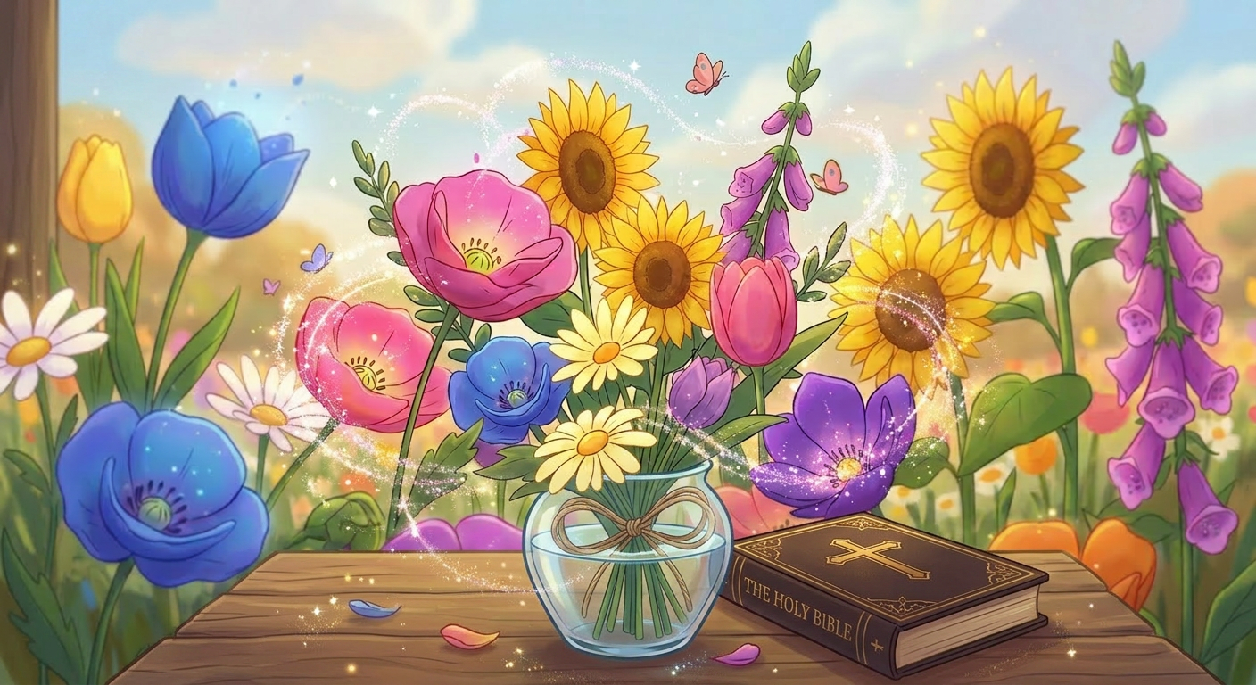 Colorful bouquet of flowers in a glass vase with sparkles next to a Holy Bible on a wooden table