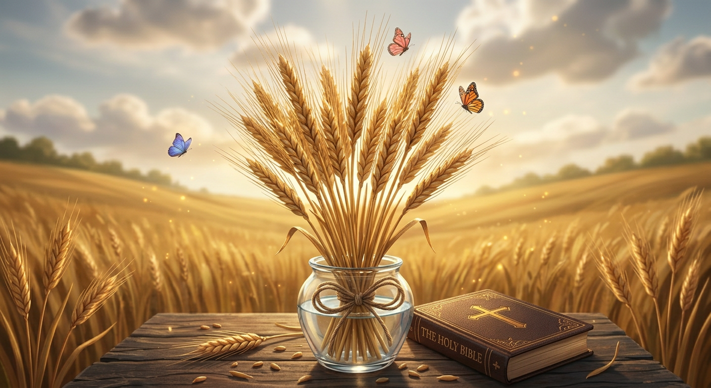 A vase of wheat stalks and a Bible on a wooden table in a wheat field with butterflies and sparkling light