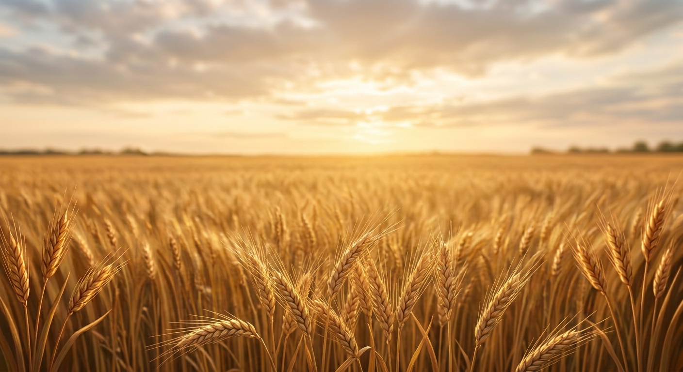 A vase of wheat stalks and a Bible on a wooden table in a wheat field with butterflies and sparkling light