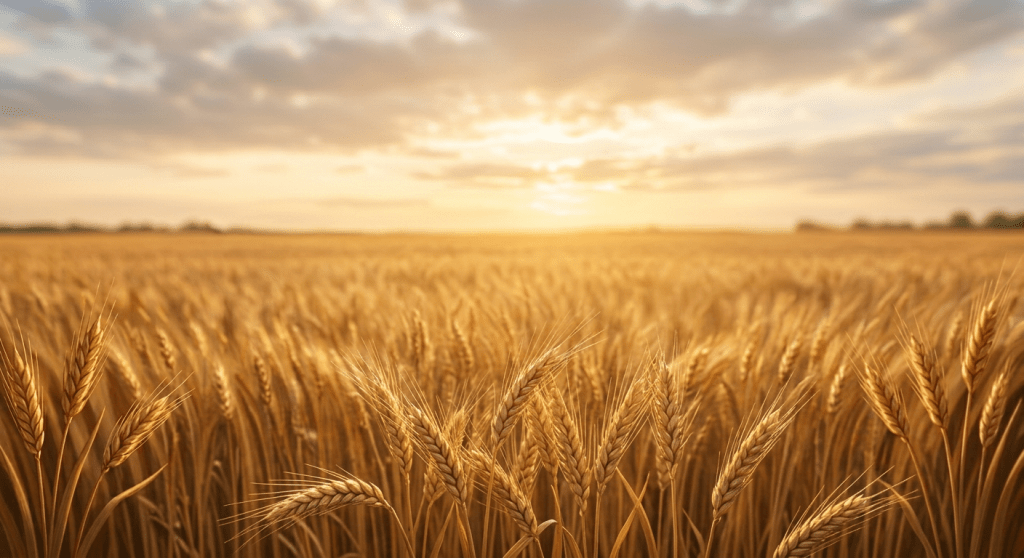 A vase of wheat stalks and a Bible on a wooden table in a wheat field with butterflies and sparkling light